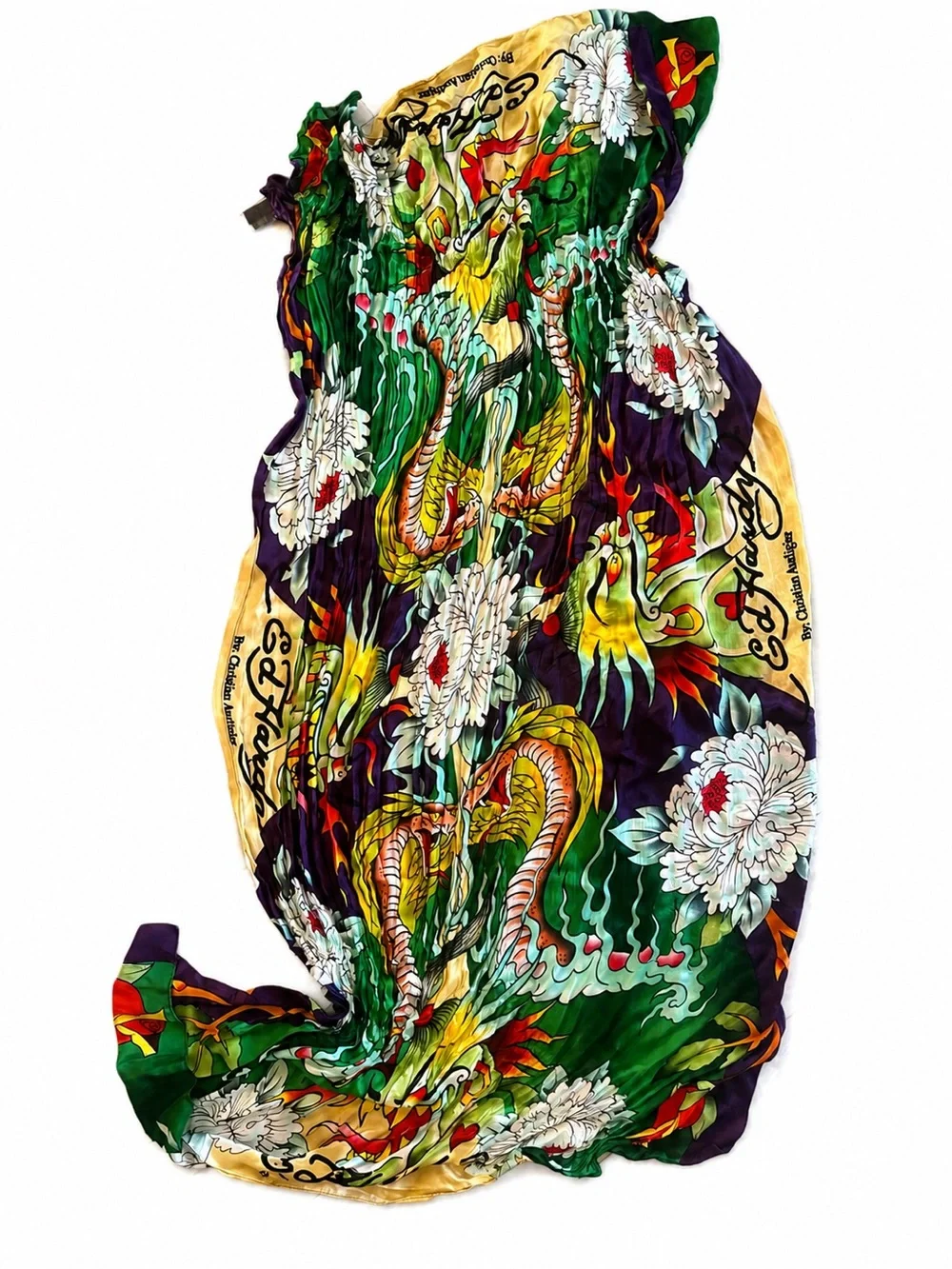 Ed Hardy Vibrant Dragon Floral Scarf/Wrap - Green/Yellow/Purple